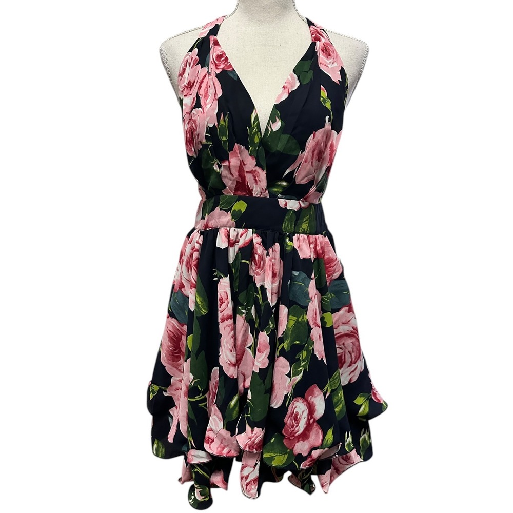 LUXXEL‎ Navy Pink Rose Floral Halter Mini Dress Size L Open Back Tiered Garden